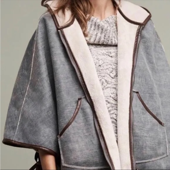 ANTHROPOLOGIE HEI HEI Gray Leather Hooded Reversible Pocket Poncho Top XS/S - Picture 4 of 16